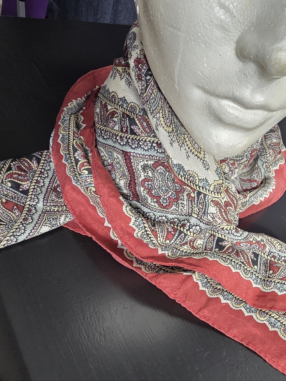 Beautiful Silk Scarf, Vintage paisley Burgundy Black Yellow Cream 1970s